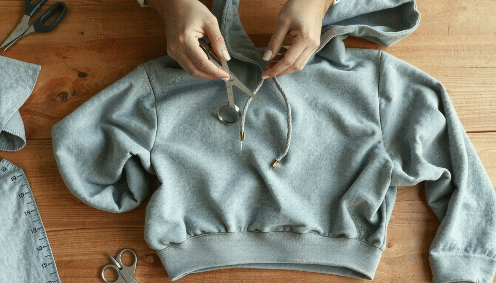 Hands cutting hoodie neckline with scissors showing proper technique for neck alteration