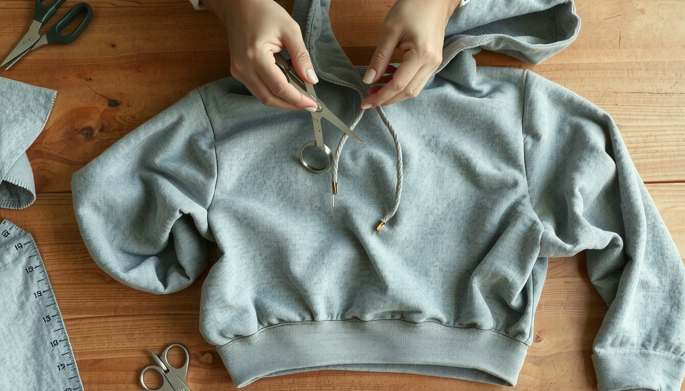 Hands cutting hoodie neckline with scissors showing proper technique for neck alteration