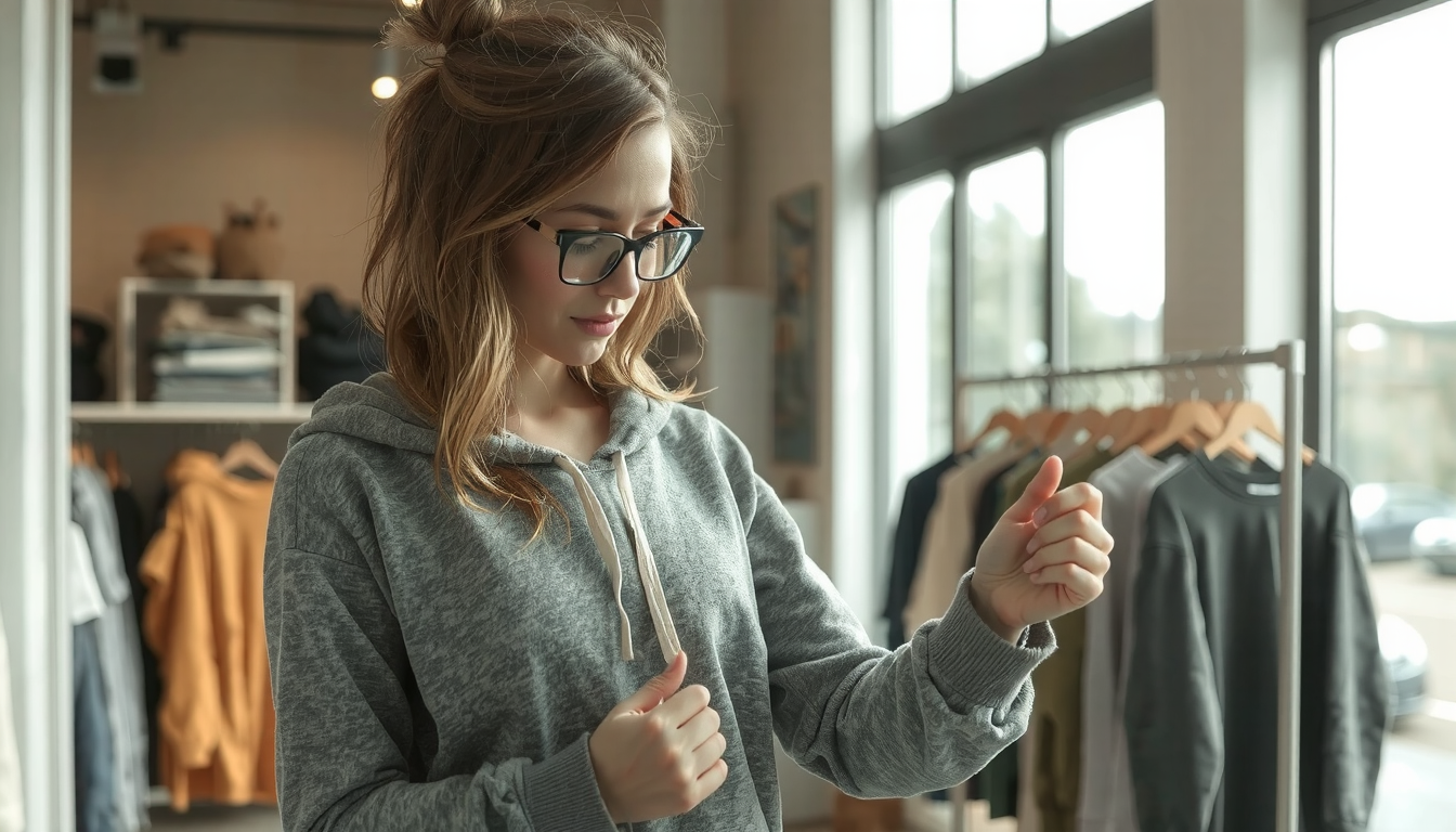 Smart shopper examining cute hoodies for quality fabric and stitching details