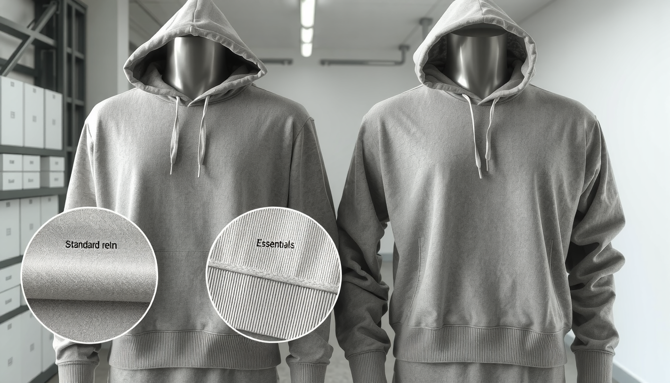 Comparison table showing who makes essentials hoodie features versus standard retail hoodie specs