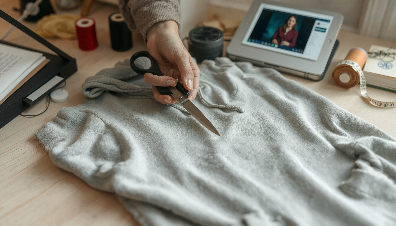 Tutorial screenshot showing how to cut the neckline of a hoodie with scissors safely