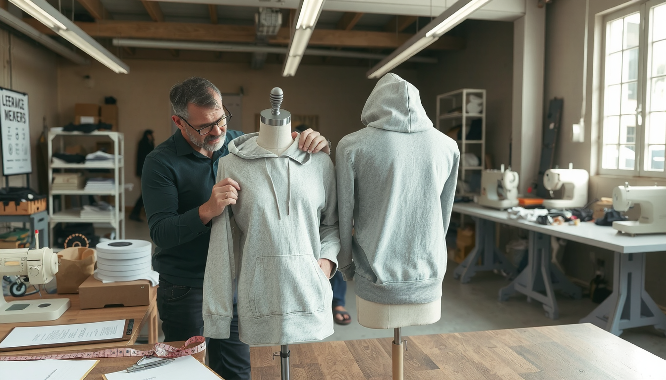 The Complete Guide to Making Your Hoodie from Scratch: Step-by-Step Instructions 4 Pre-production hoodie sample prototype fitting, illustrating how to make my own hoodie perfectly.
