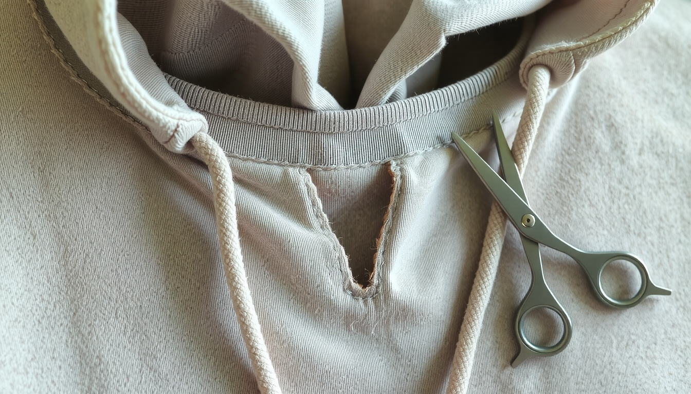 Hands cutting small V-notch in hoodie neckband showing discrete neck modification technique