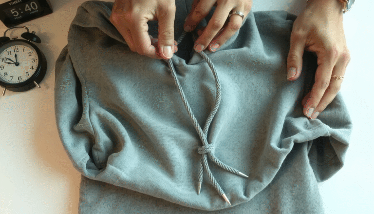 Person threading drawstring through hoodie hood using simple repair technique to fix pulled string