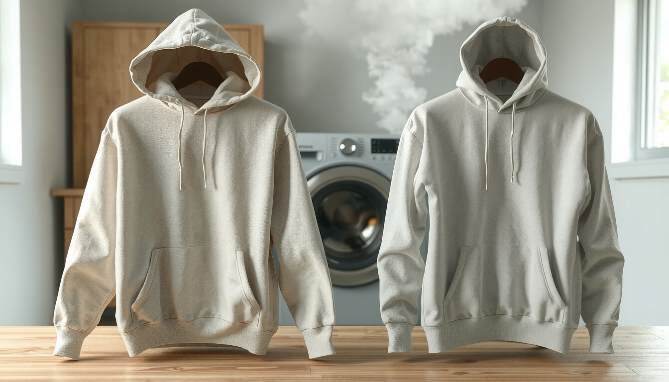 Cotton hoodie being shrunk in washing machine demonstrating effective shrinking methods