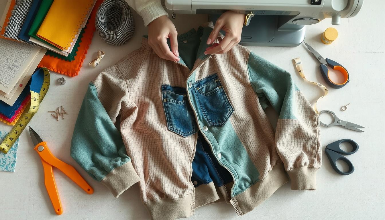 Colorful fabric patches arranged for patchwork hoodie sewing project tutorial