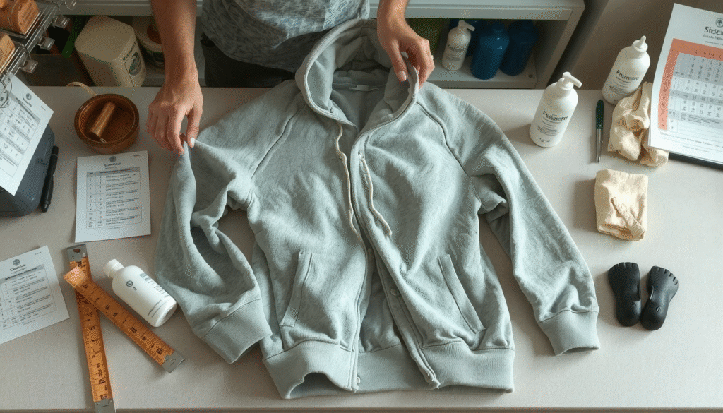 Person demonstrating how to unshrink a hoodie by gently stretching fabric in warm water