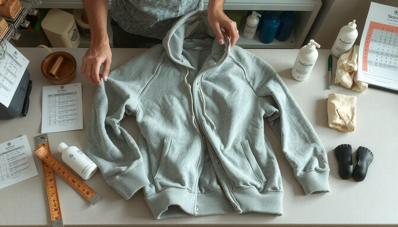 Person demonstrating how to unshrink a hoodie by gently stretching fabric in warm water
