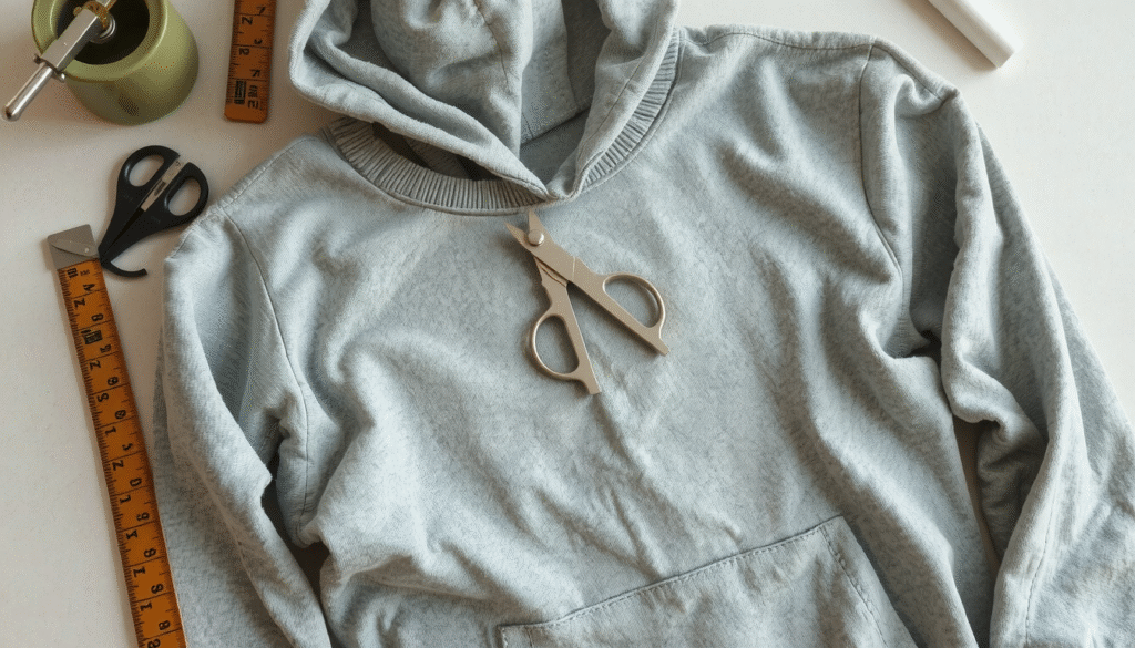 Hands cutting hoodie neckline with scissors showing how to modify sweater collar properly