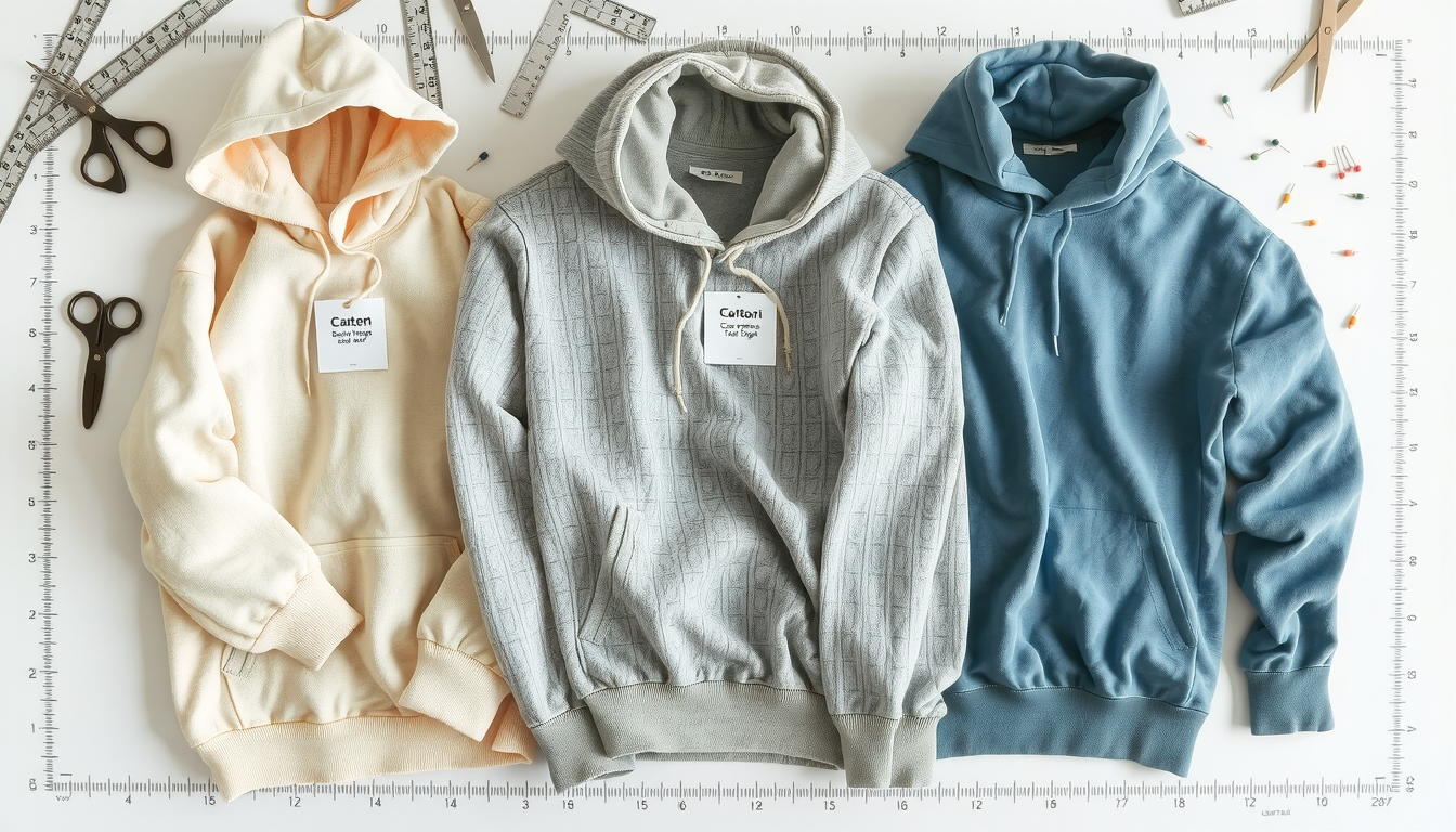 Fabric comparison chart showing cotton fleece and terry options for patchwork hoodie construction