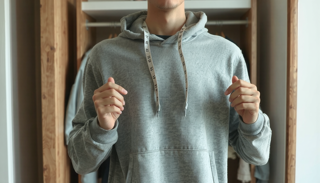 Person measuring cotton hoodie to determine shrinking goals before applying heat treatment method