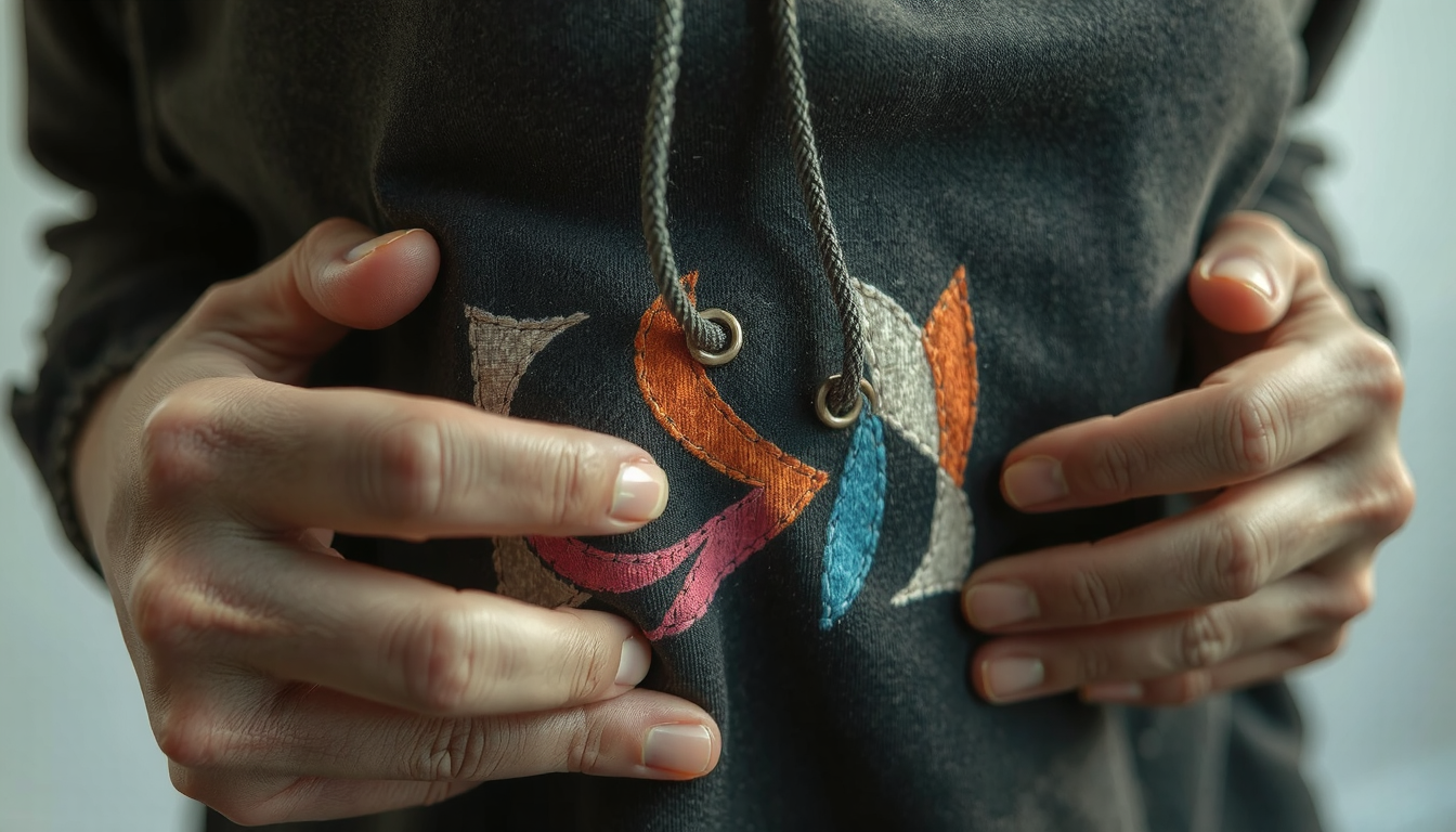 Hands demonstrating how to sew picture onto hoodie using backstitch from inside garment