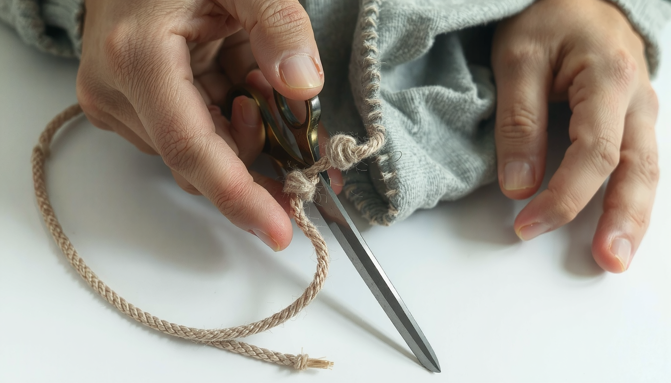 The Simple Guide: How to Fix a Hoodie String in Under 5 Minutes 3 Person trimming frayed hoodie string end with scissors before re-threading through sweatshirt hood