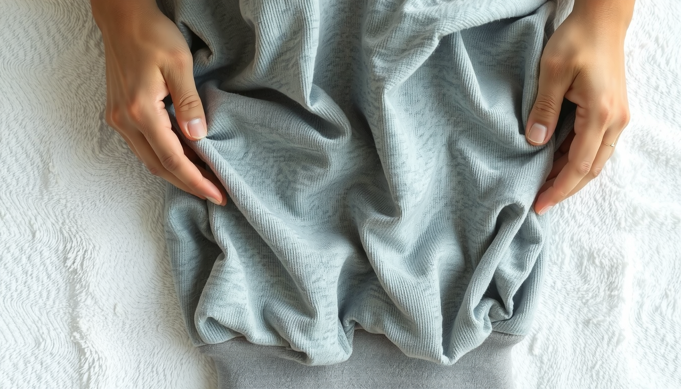 Person gently stretching damp hoodie sleeves on towel to unshrink garment