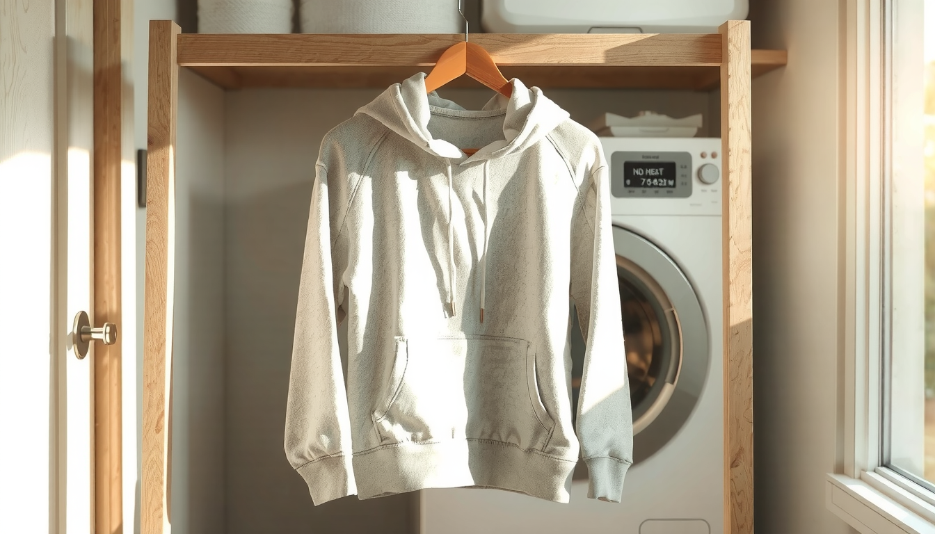 Cotton hoodie air drying on clothesline after shrinking process to lock in new size