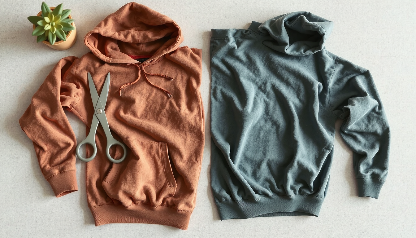 Deconstructed hoodie pieces laid out showing separated panels for patchwork hoodie making tutorial