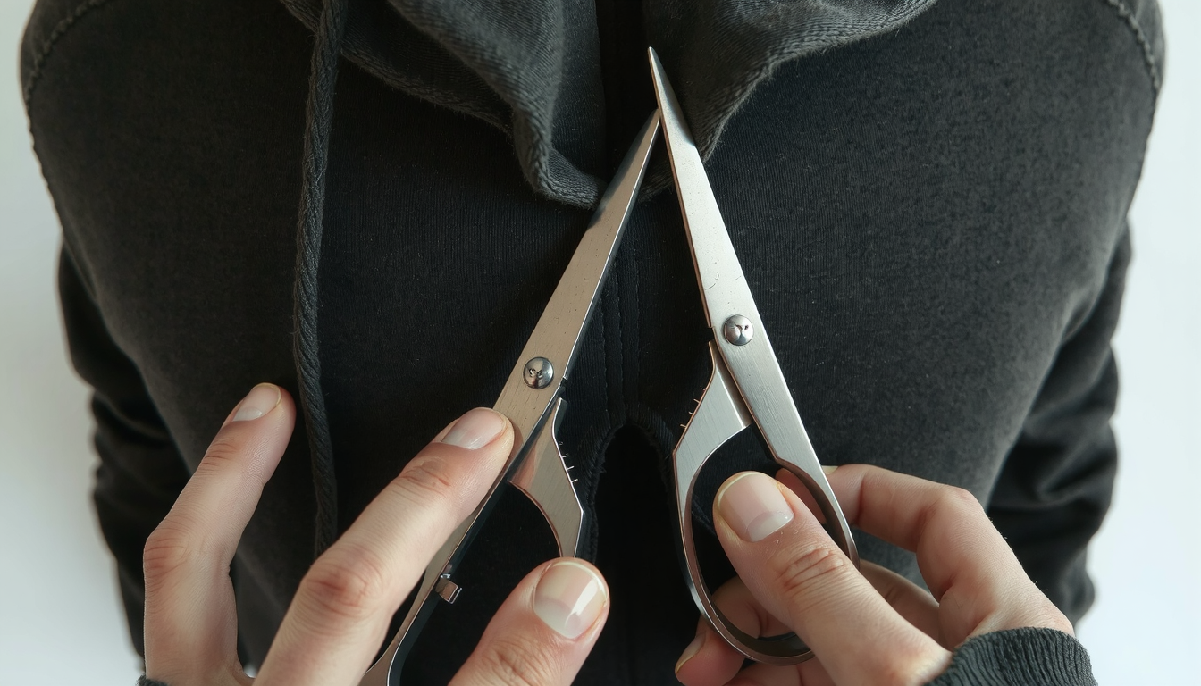 Fabric scissors cutting along chalk line on hoodie neckline following step-by-step modification guide