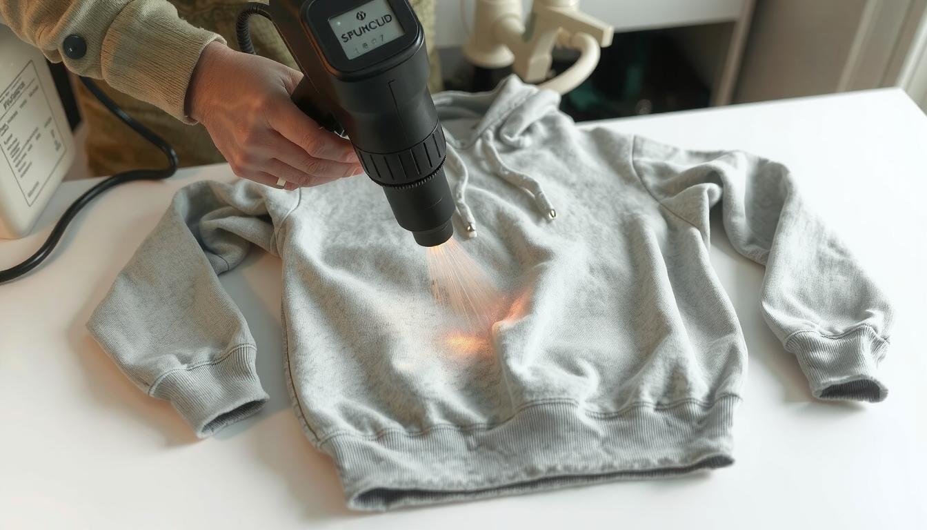 Cotton hoodie being hand-stretched to shrink specific sections without using dryer machine