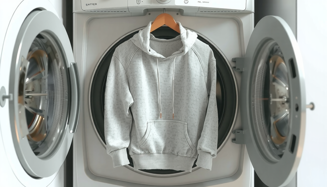 Cotton hoodie being placed into washing machine for shrinking process using heat method