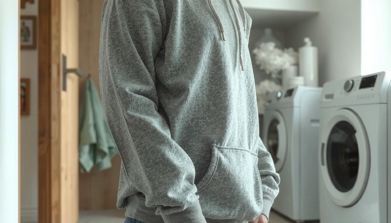 Person adjusting oversized cotton hoodie sleeves using targeted shrinking method for perfect fit