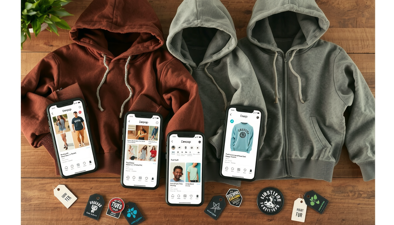 Young woman browsing cute vintage hoodies on secondhand shopping website Depop marketplace