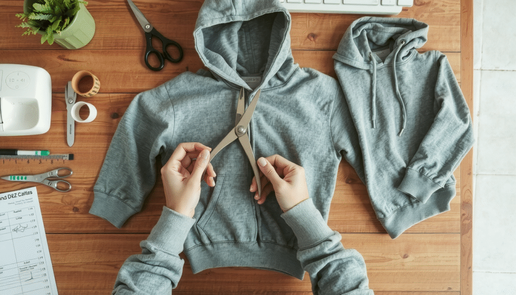 Hands cutting hoodie fabric with scissors following DIY style guide steps