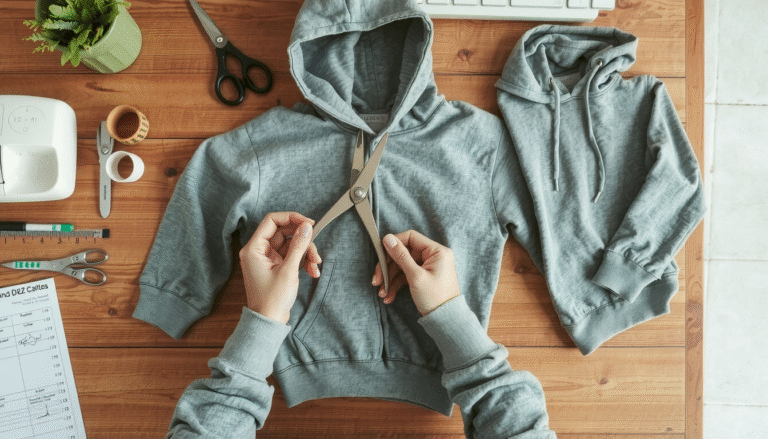 Hands cutting hoodie fabric with scissors following DIY style guide steps