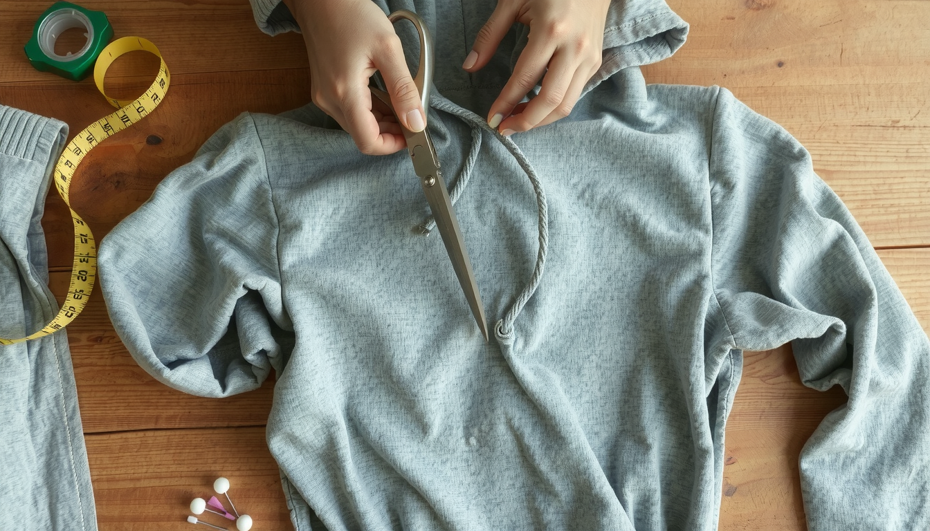 Hands cutting hoodie neckline with scissors following DIY guide for perfect fit
