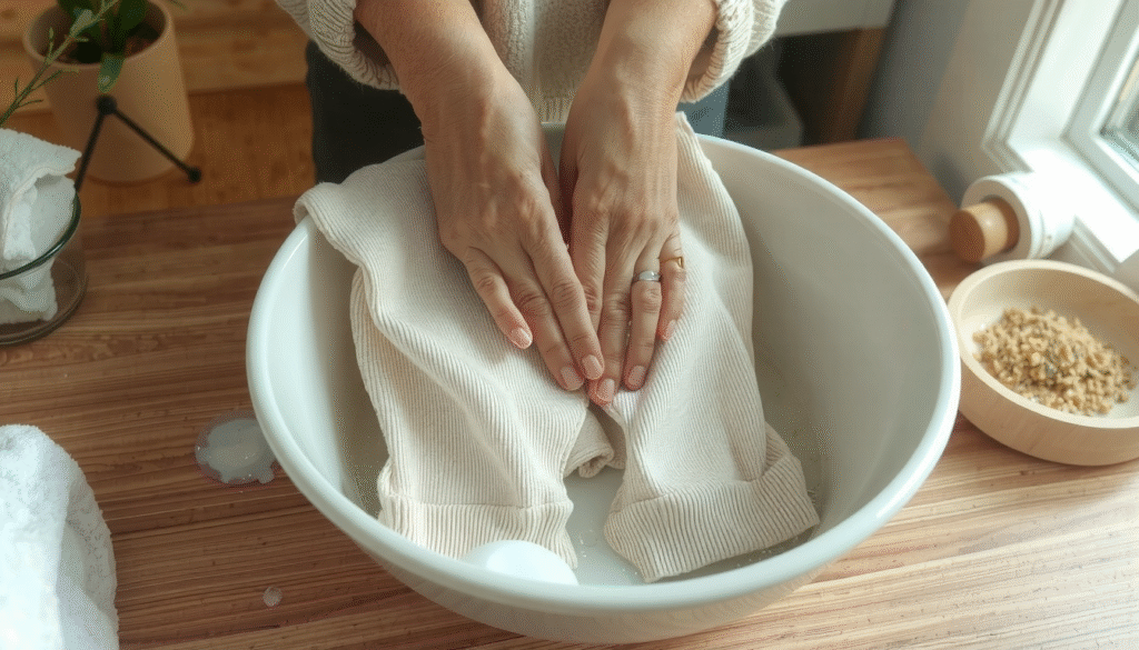 Person demonstrating proper washing technique for Essentials hoodie in laundry room setting