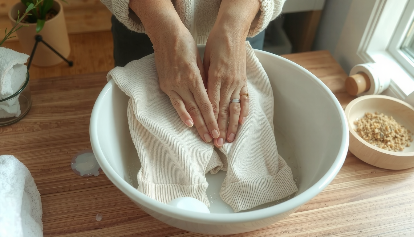 Person demonstrating proper washing technique for Essentials hoodie in laundry room setting