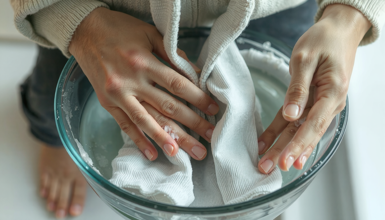 Person hand washing essentials hoodie gently in basin with soapy water for safe cleaning