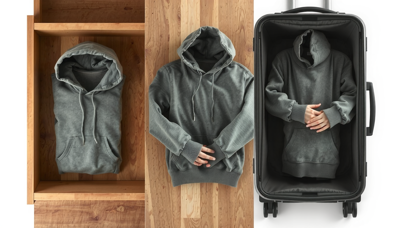 Hands demonstrating three different hoodie folding methods for various storage solutions