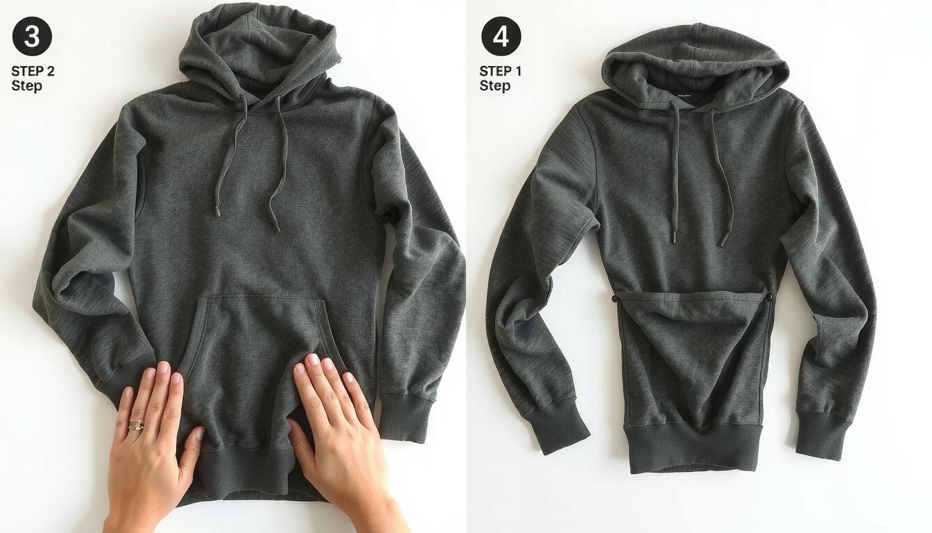 Hands folding hoodie step by step showing proper technique to create compact square
