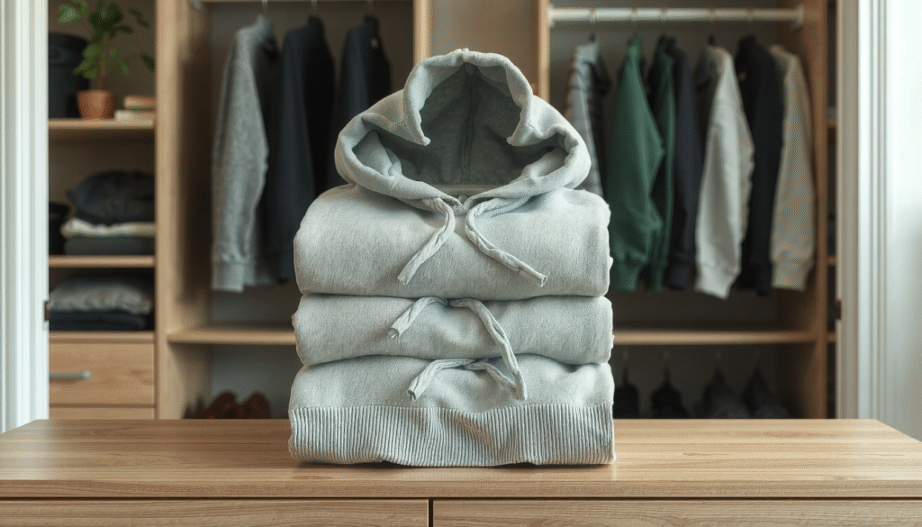 Folded hoodies neatly stacked using space-saving techniques for organized closet storage