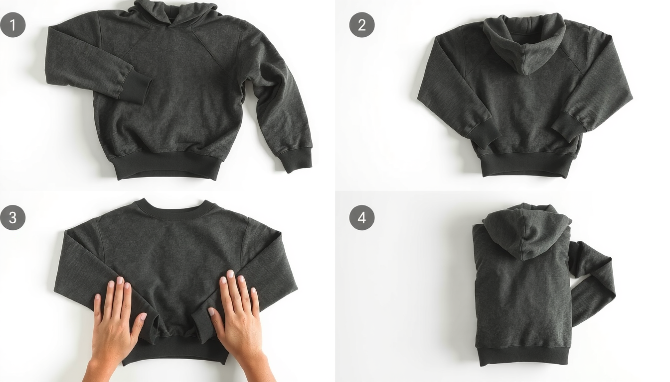 Step-by-step hoodie folding demonstration showing flat surface placement and sleeve alignment technique