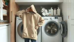 Person demonstrating how to shrink an essentials hoodie using hot water washing method