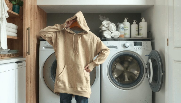 Person demonstrating how to shrink an essentials hoodie using hot water washing method