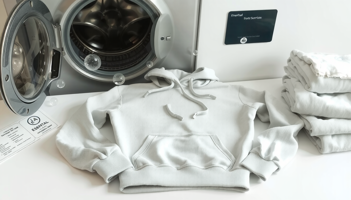 Person washing essentials hoodie in washing machine following proper care instructions