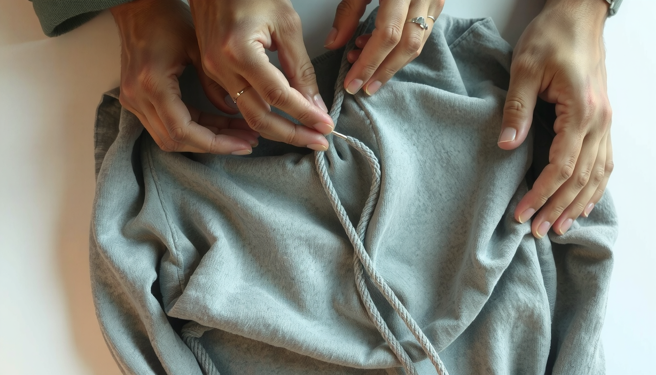 Hands demonstrating how to fix hoodie string using safety pin threading technique