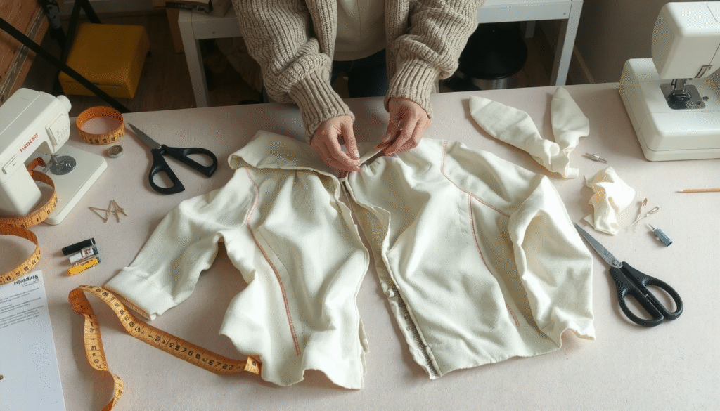 Person cutting fabric pattern pieces for DIY hoodie making tutorial guide