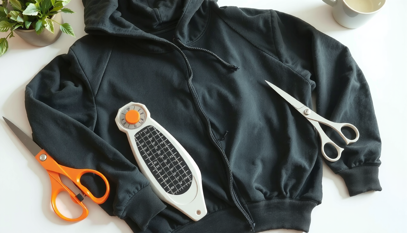 Sharp fabric scissors and measuring tape laid out for cutting hoodie modifications