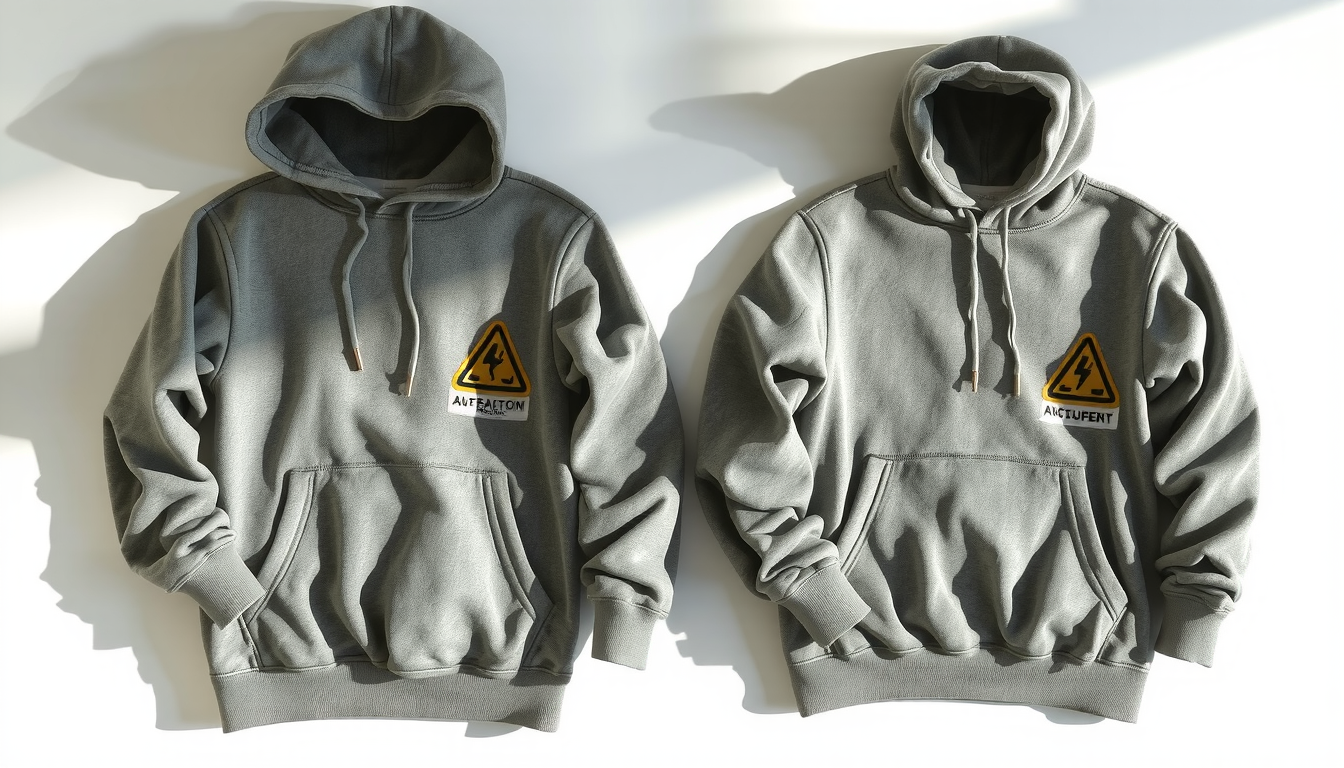 Person examining shrunken essentials hoodie after washing to demonstrate shrinking risks and process