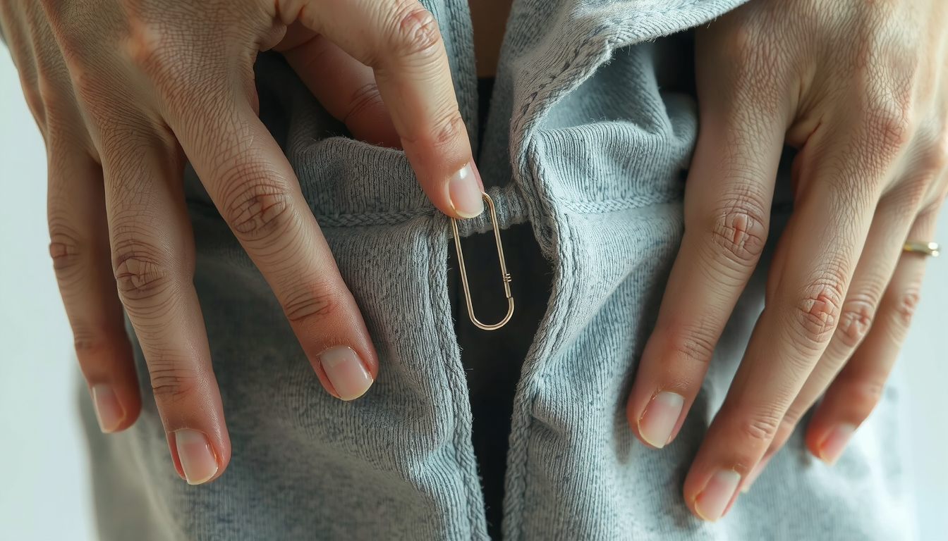 Safety pin attached to hoodie drawstring being threaded through fabric channel to fix string