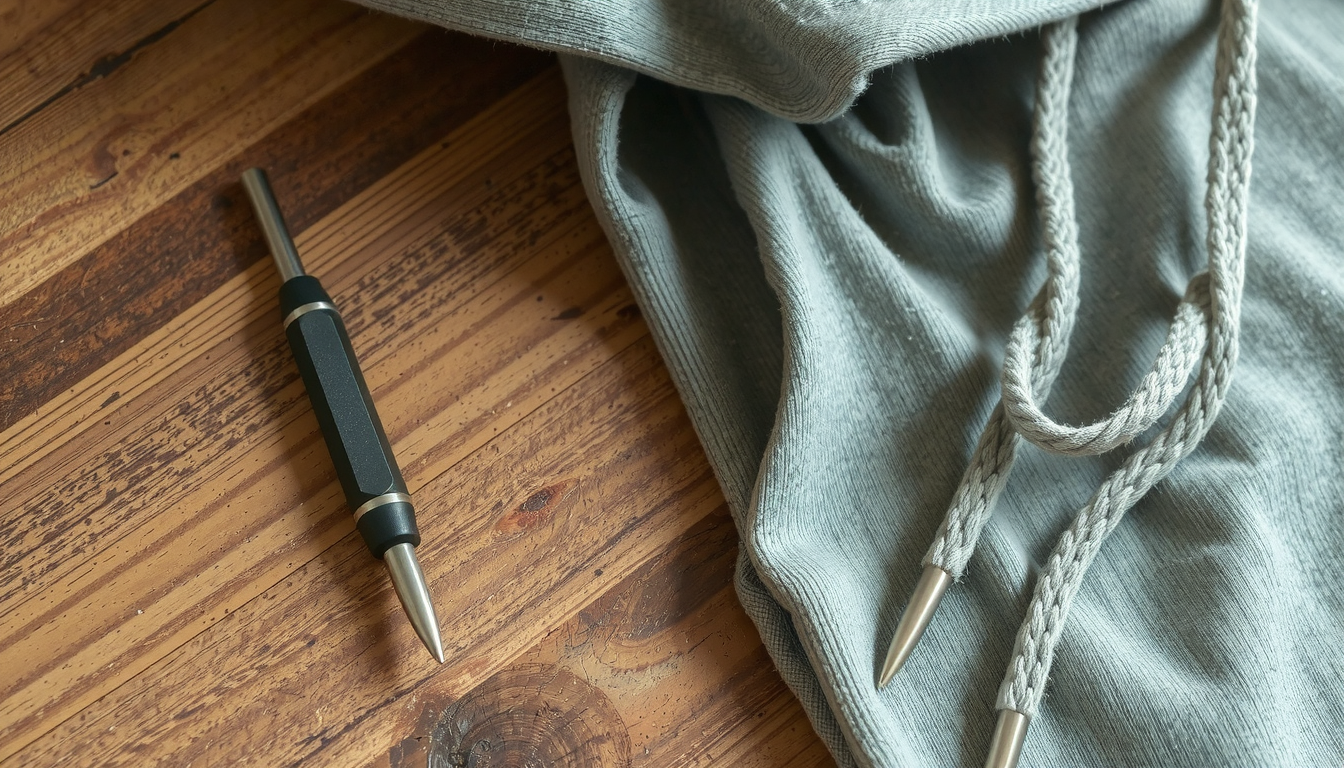 Bodkin tool threading through hoodie drawstring opening to fix broken string