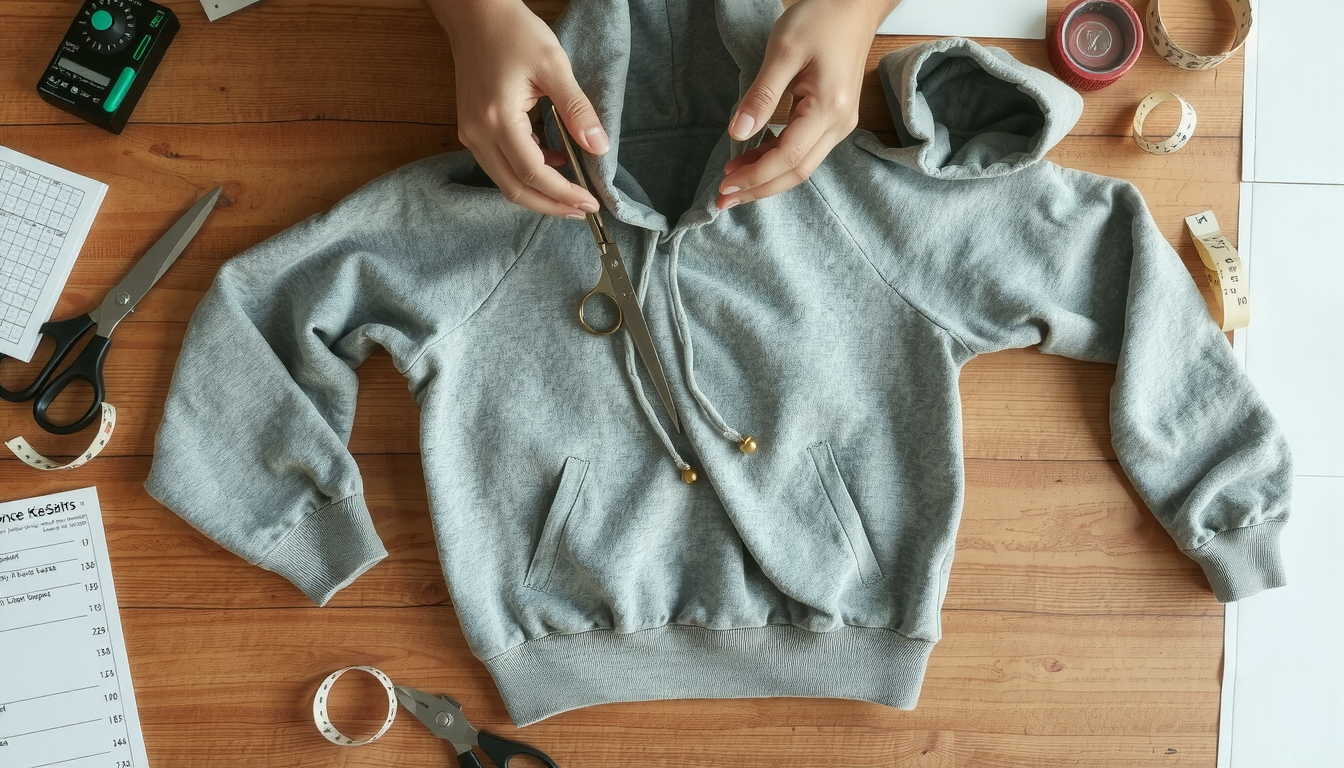 Person cutting hoodie sleeves with scissors showing beginner-friendly customization techniques for DIY fashion