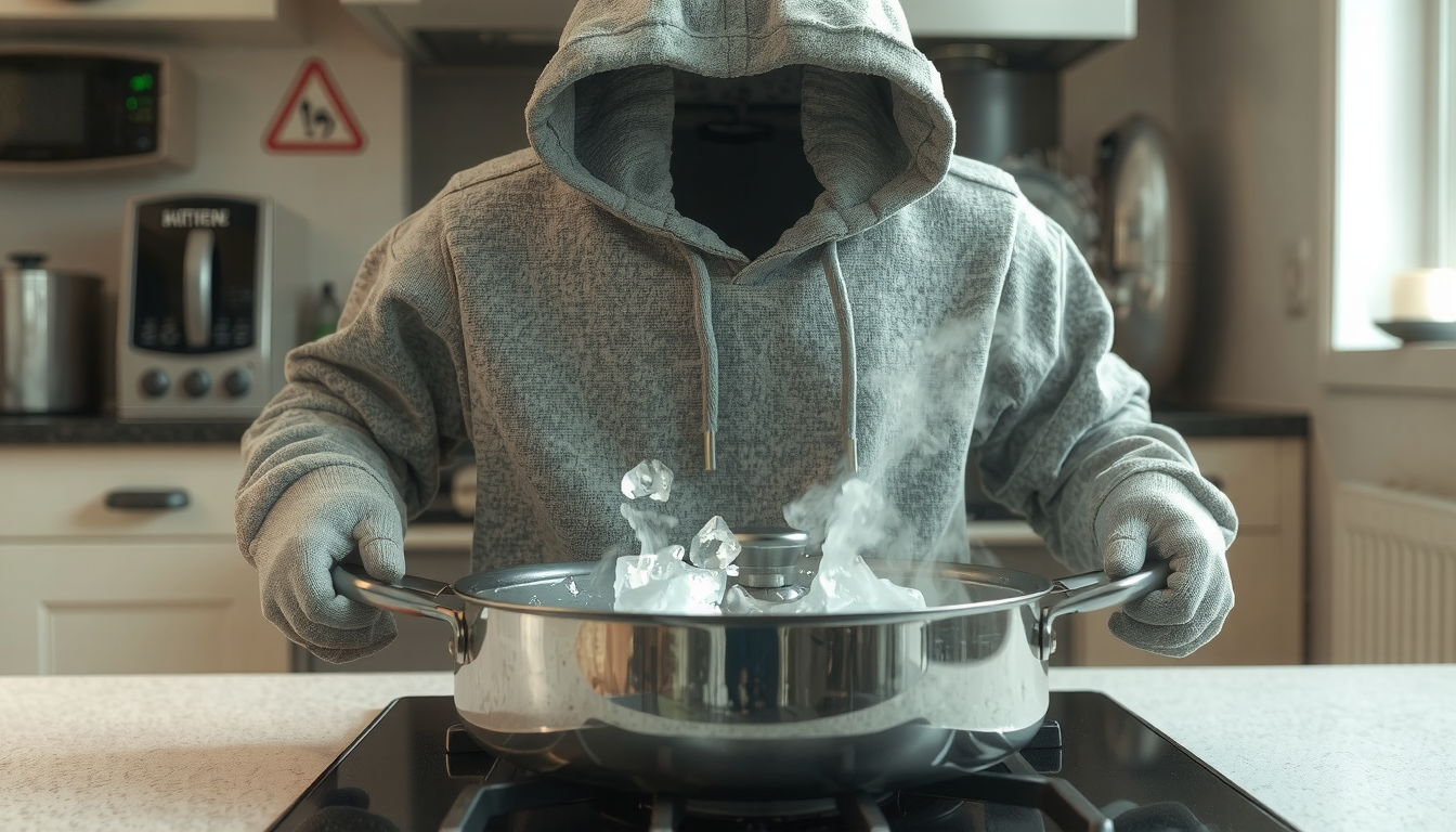 Person demonstrating boiling water technique to shrink oversized Essentials hoodie in kitchen pot