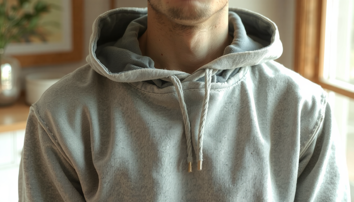 Hands cutting hoodie neckline with scissors showing easy casual style modification technique