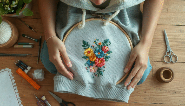 Person sewing embroidered picture design onto gray hoodie using needle and thread