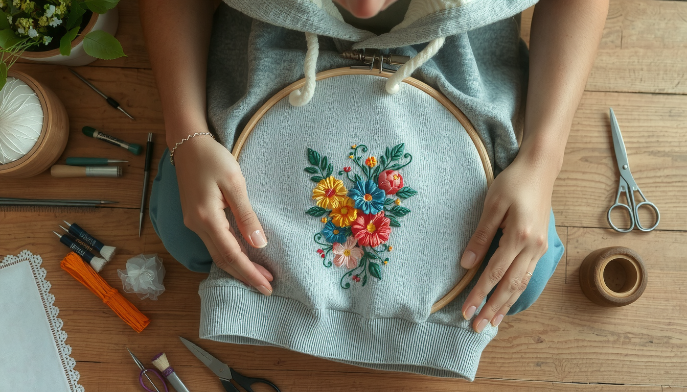Person sewing embroidered picture design onto gray hoodie using needle and thread