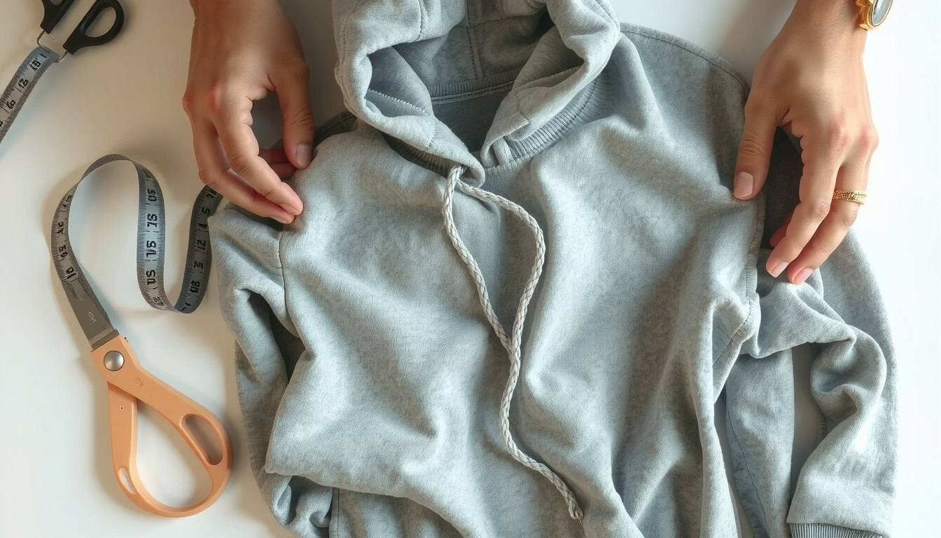 Person cutting hood off sweatshirt with scissors to create crewneck style